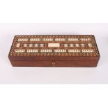 A 19th Century rosewood, mahogany and bone inlaid cribbage box with fitted interior, markers,