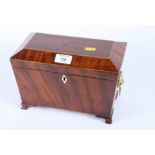 A 19th Century mahogany and banded two-division tea caddy with lion mask handles, 10" wide