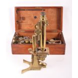 A Smith & Beck Victorian brass binocular microscope, numbered 2088, with mahogany case containing
