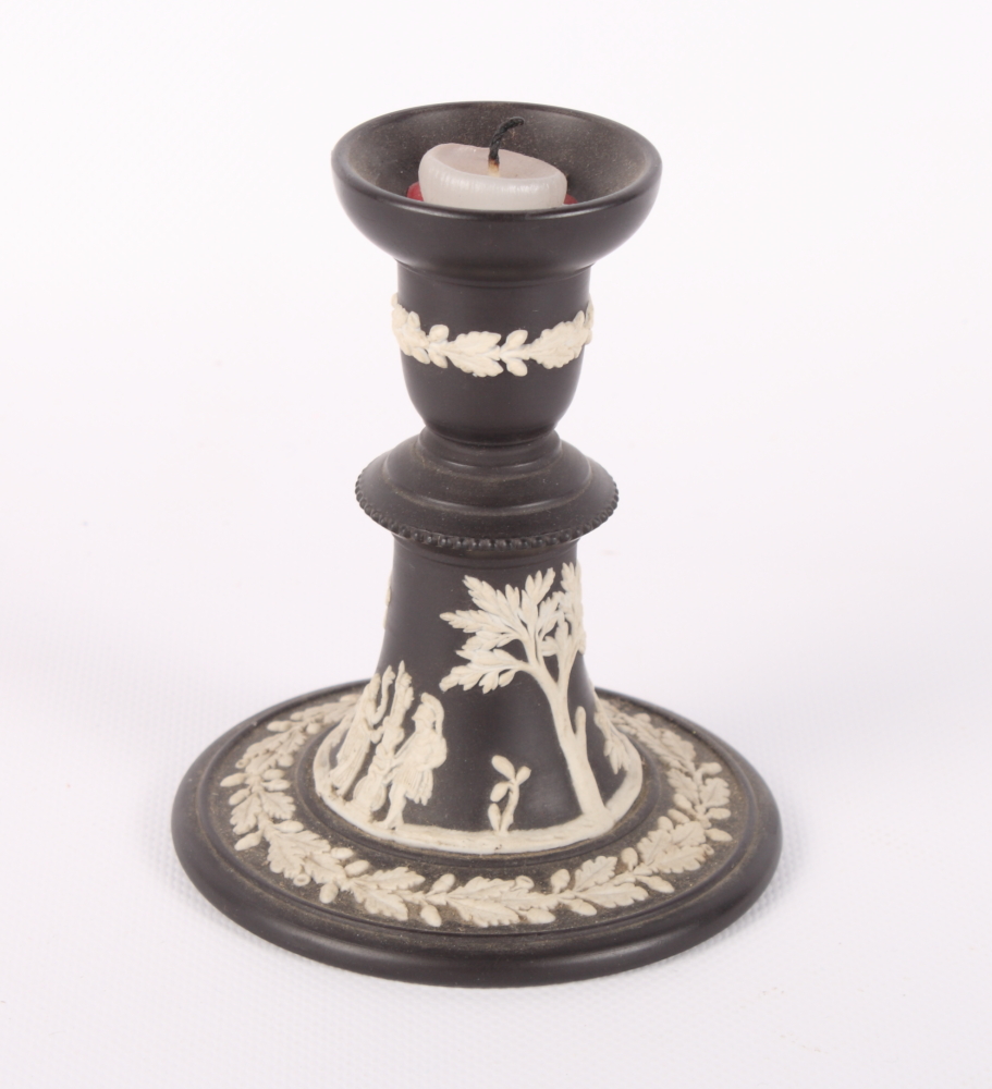 A pair of Wedgwood black jasper candlesticks, a similar vase, a blue jasper jug and other items of