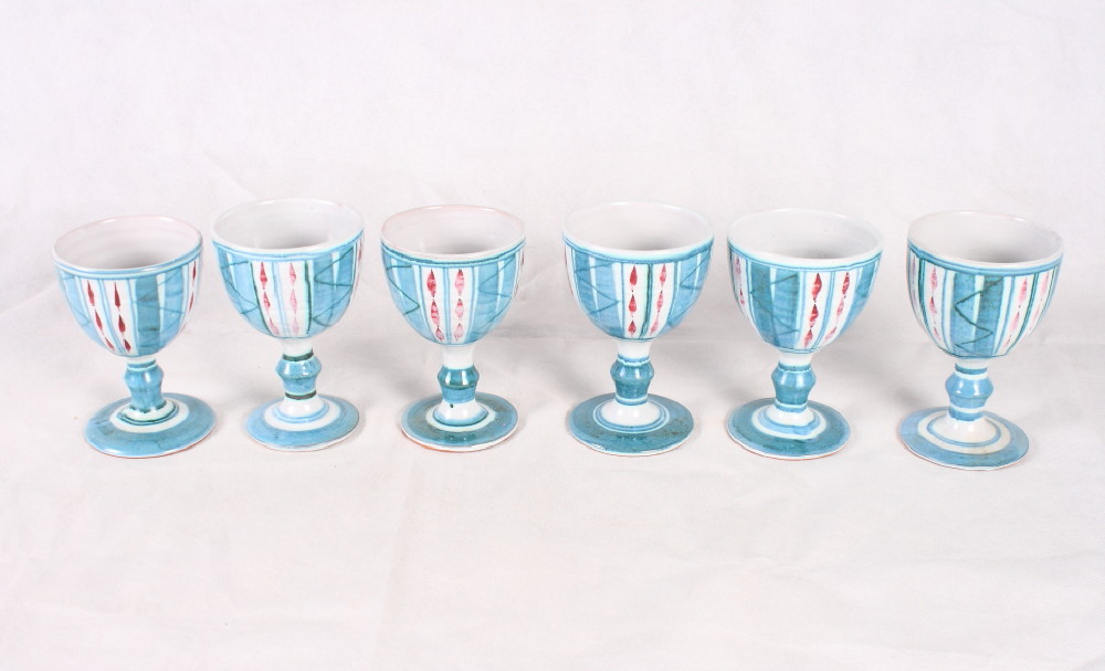 A set of six Alan Caiger-Smith Aldermaston Pottery goblets decorated in blue and red