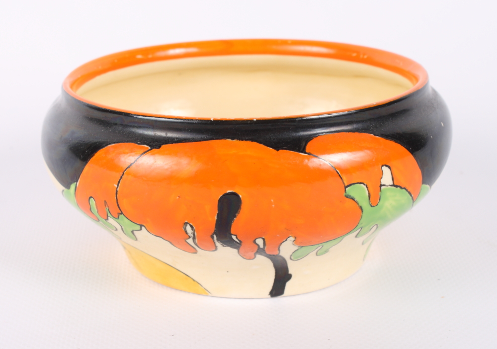 A Bizarre by Clarice Cliff Newport Pottery shallow bowl decorated in the woodland pattern, 5" dia