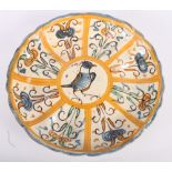 An early Spanish tin glazed standing lobed dish with bird decoration, 10 1/2" dia (slight surface