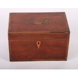 An 18th Century mahogany rectangular two-division tea caddy, cover inlaid floral marquetry panel, 8"