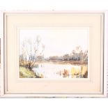 Edward Wesson RI RBA RSMA: watercolours, pond in autumn, 8 1/4" x 11 1/5", in wash line mount and