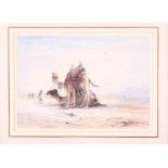 Elijah Walton: watercolours, "Waiting for Breakfast, Cairo", camel in desert landscape with figures,