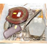 A brass horseshoe cribbage marker on mahogany board and a collection of assorted silver plated