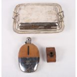 A silver plated entree dish and cover, a plated hip flask and a plated collapsible cup, in leather