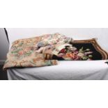 A crewel work floral embroidered rug/wall hanging, 47 1/2" x 30", another similar, 53" x 27 1/2",