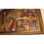 A pair of oriental watercolours, figures and children, 21" x 15", in gilt scroll decorated frames