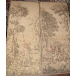 A pair of unframed needlepoint tapestry panels, 18th Century figures hunting, 58" x 25"