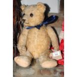 A gold plush covered teddy bear with blue ribbon, 20" high