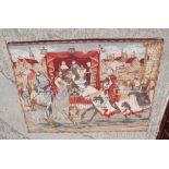 A modern tapestry wall hanging depicting a medieval joust, 52" x 36" high