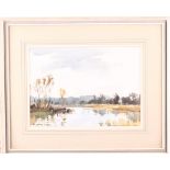 Edward Wesson RI RBA RSMA: watercolours, River Valley, 8" x 11 1/4", in wash line mount and strip