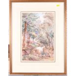 A mid 19th Century watercolour study of a stream with figure in woodland, 16 1/2" x 10 3/4", in wash