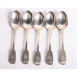 A set of five silver fiddle pattern dessert spoons engraved initials, London 1933, 6.6oz troy