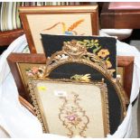 An oval floral embroidered picture, in gilt metal frame, a gilt metal framed dressing table tray