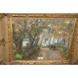 Alexander P Thomson: watercolours, horse and cart on a road, "A Day in September", signed, 12" x