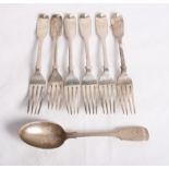 A set of five Victorian silver fiddle pattern dessert forks engraved 'D', a similar fork and a