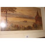 Bernard Harper Wiles: watercolours, extensive Far Eastern landscape with boat and ruined building,