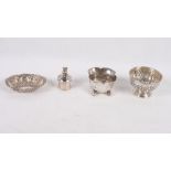 Two silver salt cellars, a silver oval pin dish and a silver pill box with fairy finial