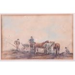 A 19th Century watercolour, ploughing team, 4 1/2" x 7 1/2", another watercolour, mountainous