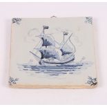 A set of five white Delftware tiles, children's games, two similar tiles, period scenes, and a