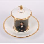 A 19th Century Berlin porcelain chocolate cup and cover with portrait decoration, 5" high