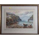 W Stafford: 19th Century watercolours, Cornish coastal scene with fishing boats and cottages, 13"