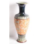 A Doulton Slater's patent oviform vase with flared rim and gilt decorated band, 18" high