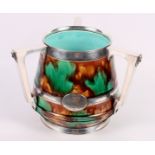 A 19th Century Wedgwood tortoiseshell glazed majolica tyg with Egyptian revival silver plated mounts