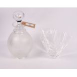 A modern Lalique glass decanter moulded vertical flutes and a Steuben glass "handkerchief" vase (