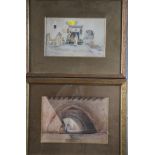 A pair of watercolours, Arabian street scenes, 6" x 9", in oak frames