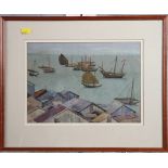 An oriental watercolour study of sampans off shore, Indian School: watercolours, a bird on a branch,