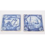 Four 18th Century Delft blue and white tiles with harbour and shipwrecks scenes