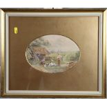 Birket Foster?: watercolours, cottagers feeding rabbits, 9" x 6", in oval mount and gilt frame