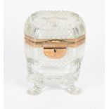 A 19th Century cut crystal casket on shaped feet with gilt metal mounts, 5 3/4" high