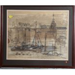 Sir John Verney: a pencil and wash study, "Concarneau", in strip frame, and a watercolour, lock