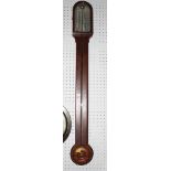 A mahogany cased stick barometer in arched top case, silvered register plate, 35" high