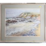 Reginald Smith: watercolours, coastal scene with distant cliffs, 16 1/2" x 22", in strip frame,