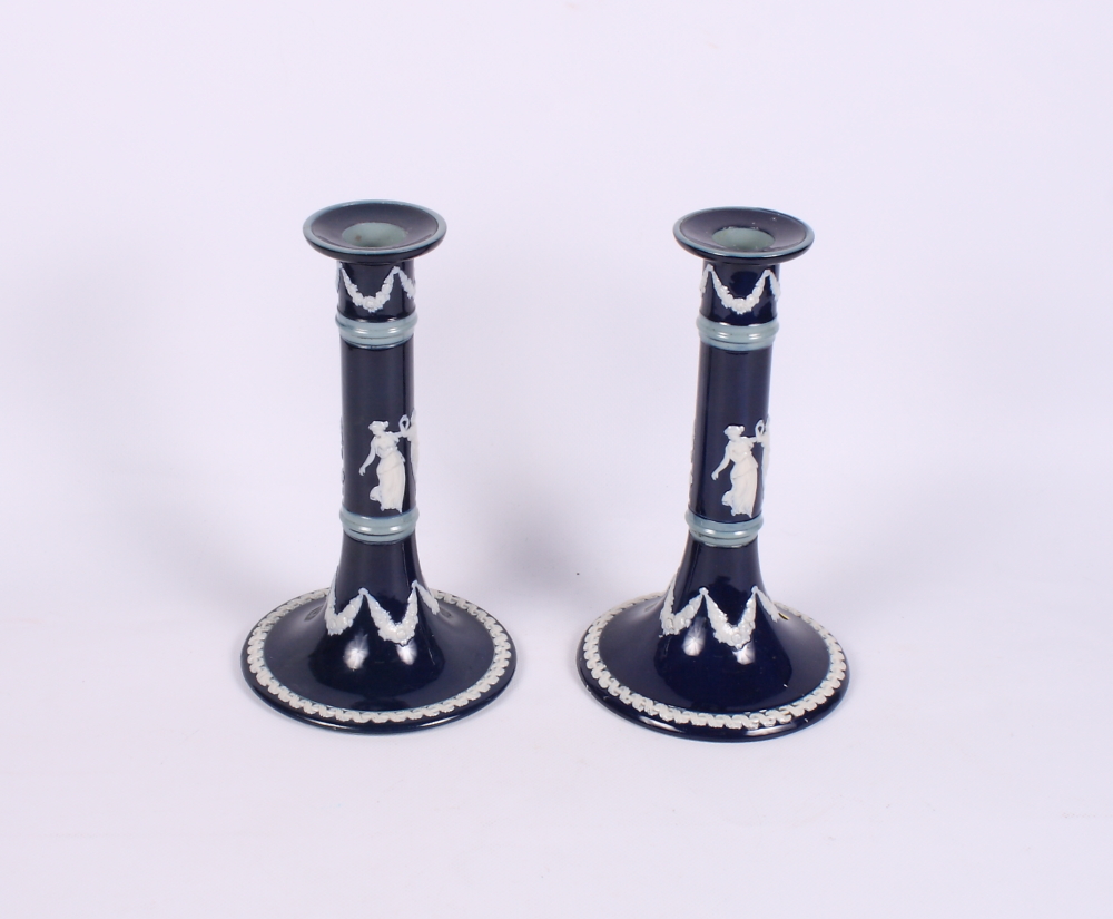 A pair of Copeland sprig decorated candlesticks, 9" high