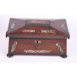A William IV rosewood and mother-of-pearl inlaid tea sarcophagus with fitted interior, 11" wide
