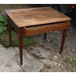 A 19th Century French mahogany side table, fitted one drawer with ring handle, on square taper