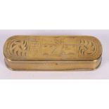 An 18th Century engraved brass tobacco box, 5 1/4" long, and a continental embossed brass tobacco