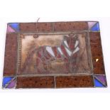 A stained glass panel of a tiger, 10" wide, a Sharon Yamamoto tile, a sandstone table lamp formed as