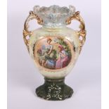 A pair of late 19th Century figure decorated vases, a novelty teapot, an oak mantel clock and
