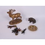 A gilt metal figure of a stag, 7" high, a smaller patinated bear and other metal wares