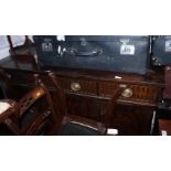 A late Victorian mahogany sideboard, base fitted three drawers and cupboards enclosed plain panelled