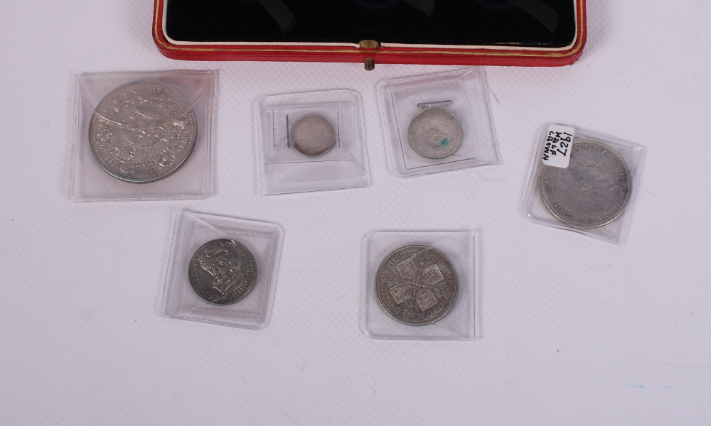 A 1927 specimen coin set, 'Wreath' crown to three pence, in fitted case