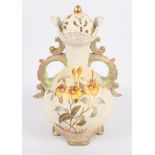 A late 19th Century Dux porcelain two-handled pot-pourri vase with floral decoration, 12" high